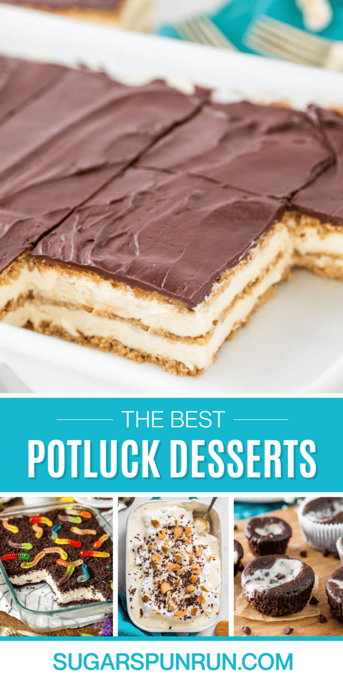 Pinterest collage of potluck desserts including eclair cake, dirt cake, banana pudding, and black bottom cupcakes.