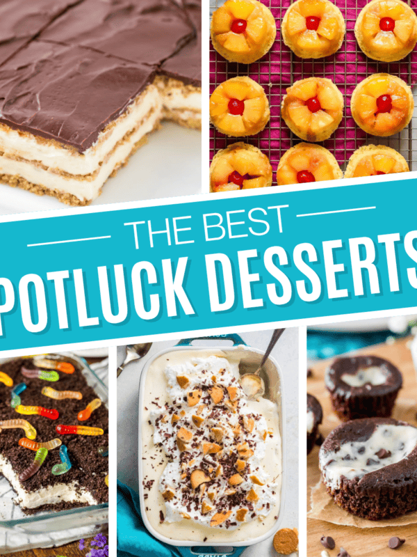 Square collage of potluck desserts including eclair cake, pineapple upside down cupcakes, dirt cake, banana pudding, and black bottom cupcakes.