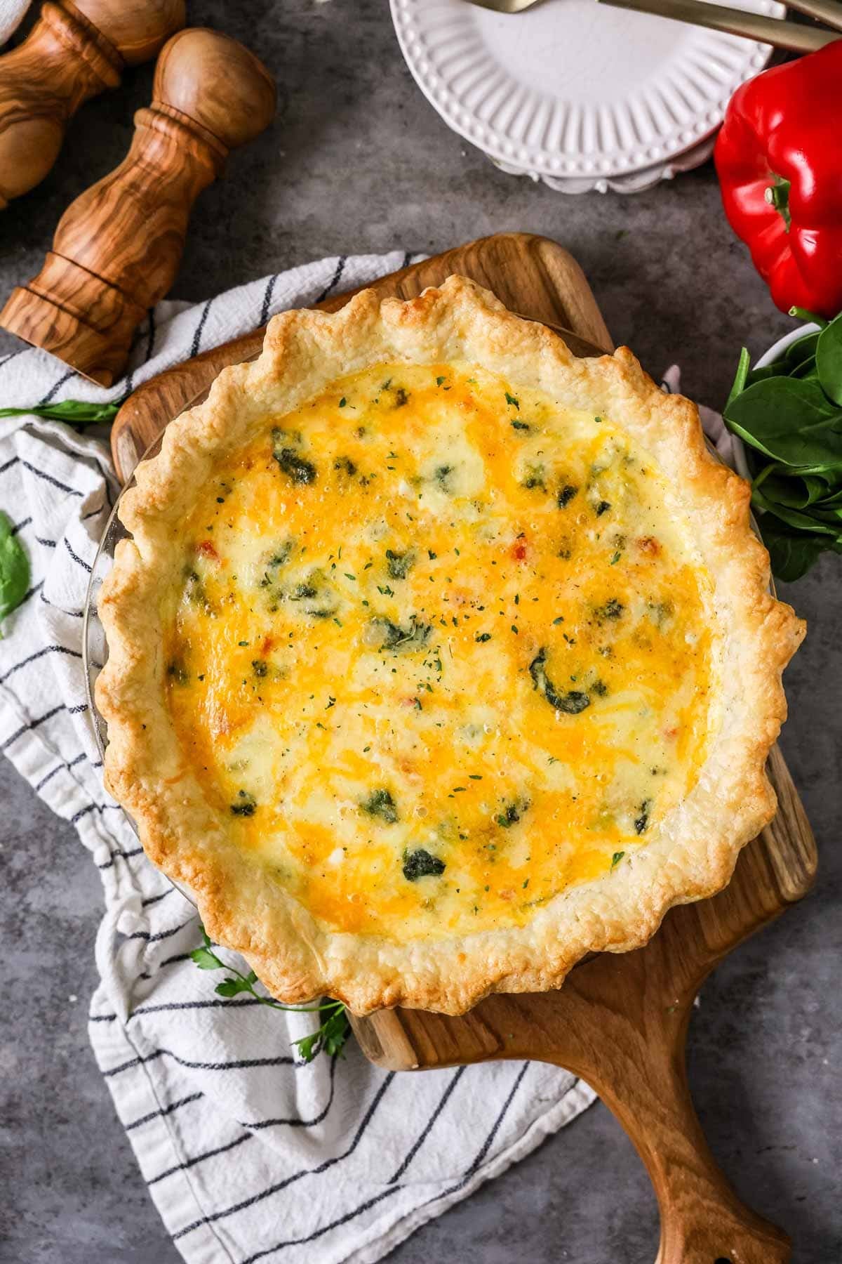Overhead view of a quiche before slicing.