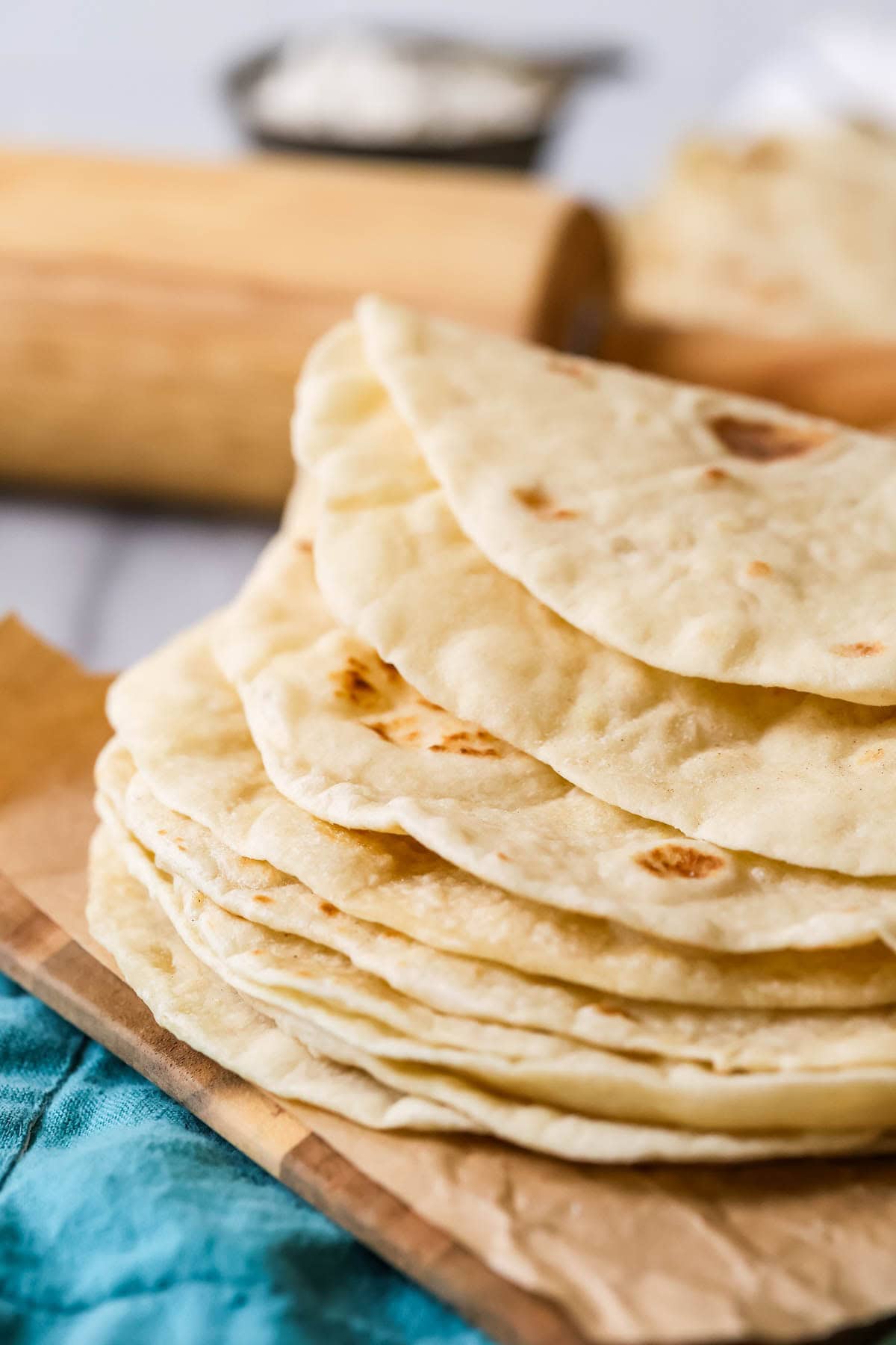 Stack of flour tortillas made with sourdough discard.
