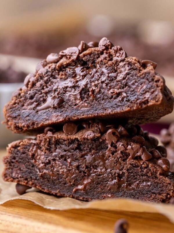 Cross section of thick, bakery style chocolate cookies.