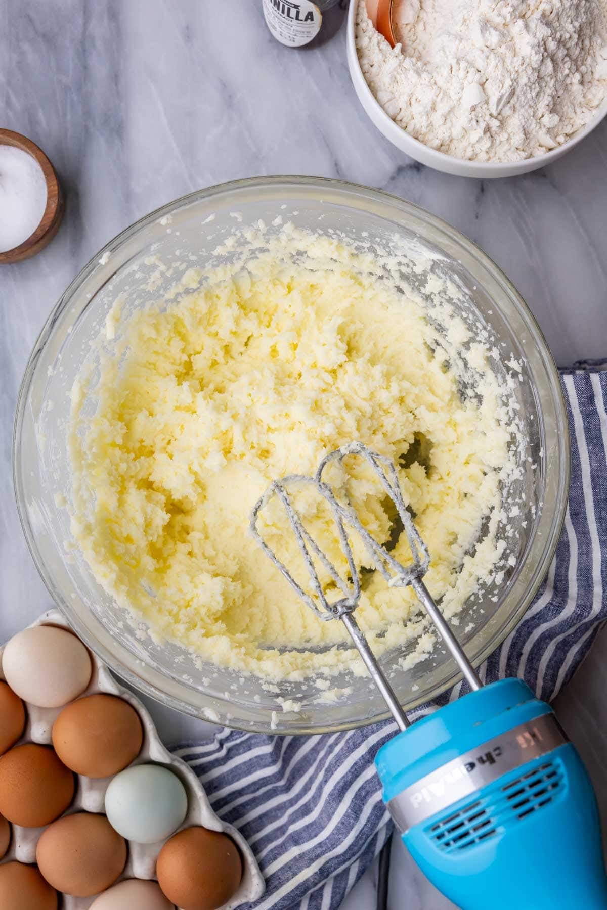 Butter and sugar beaten until light, creamy and fluffy