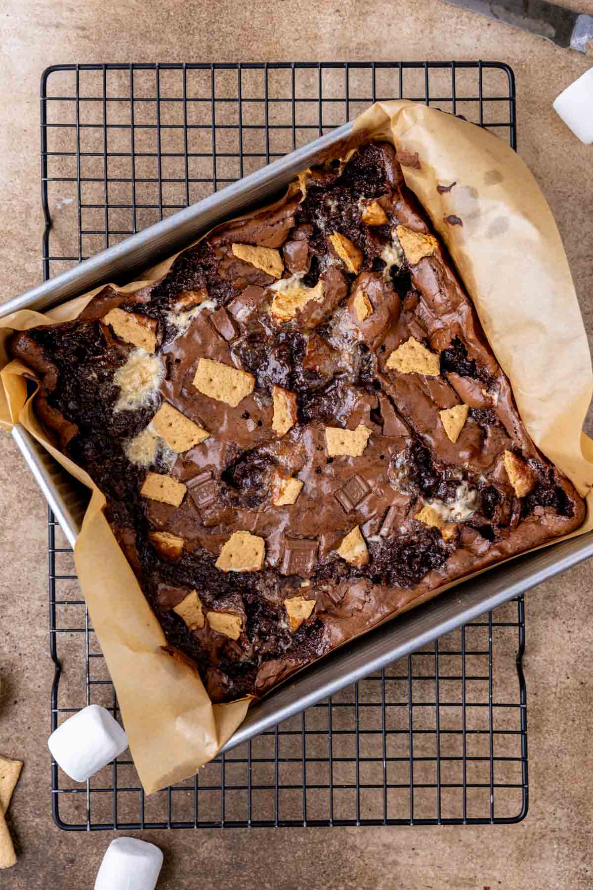 Overhead view of a pan of s'mores brownies after baking.