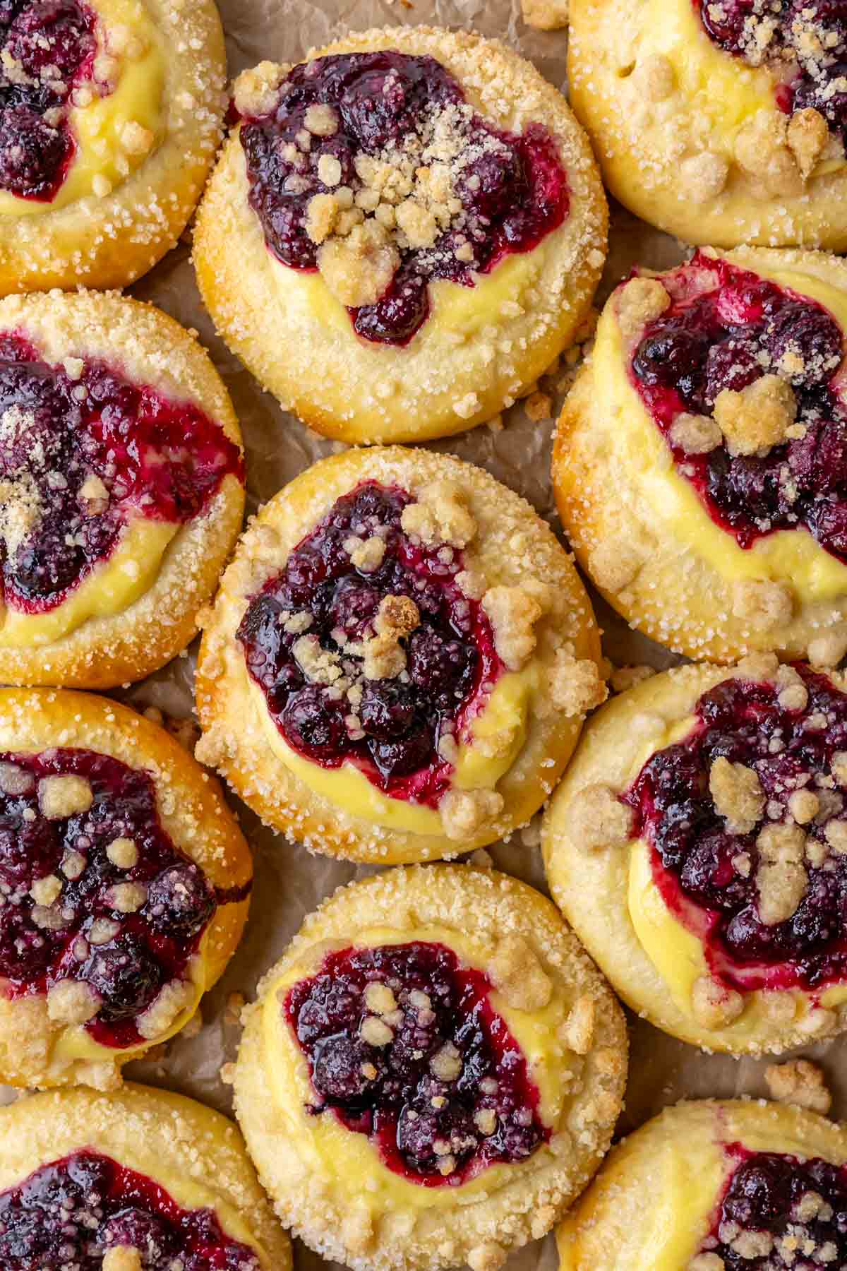 Overhead view of blueberry cream cheese buns.