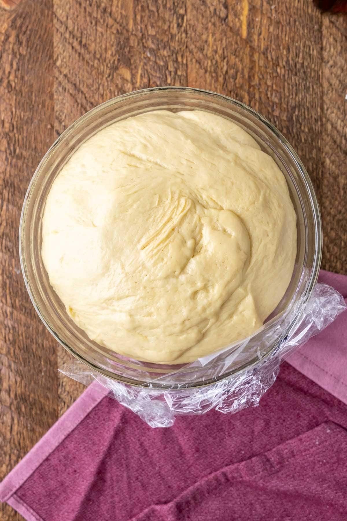 Overhead view of dough after rising.