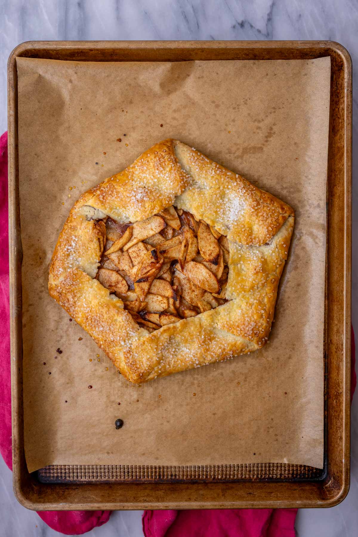 Overhead view of an apple galette after baking.