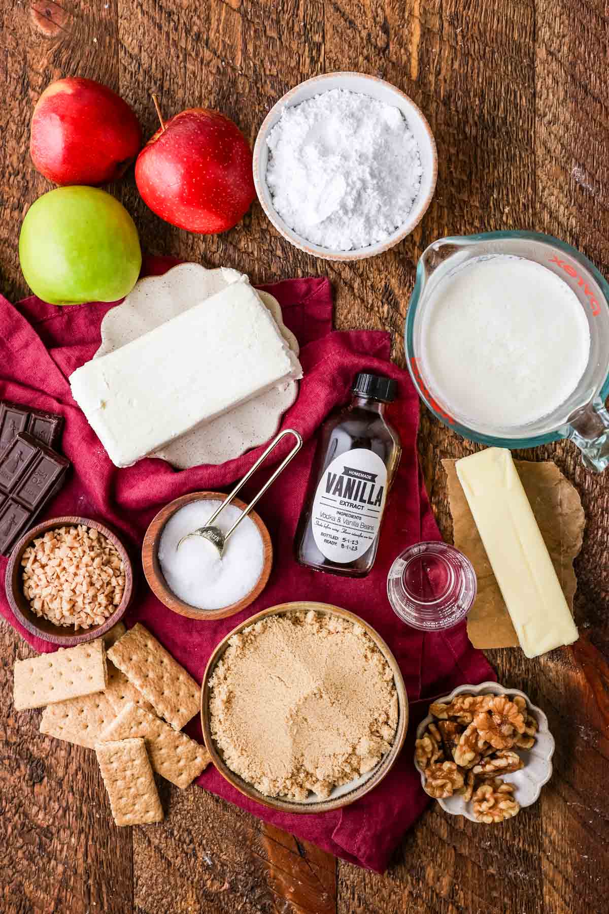 Overhead view of ingredients including cream cheese, brown sugar, pecans, and more.