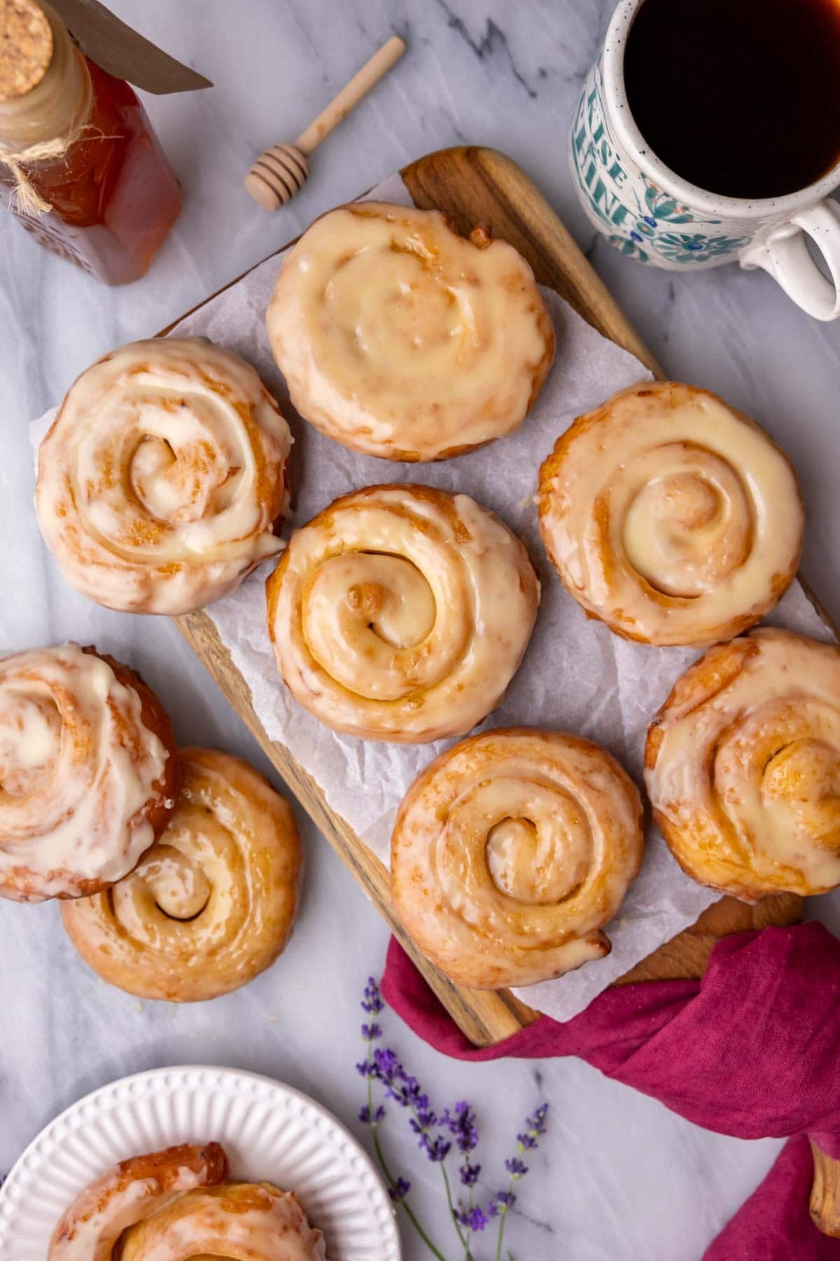 Overhead view of homemade honey buns.