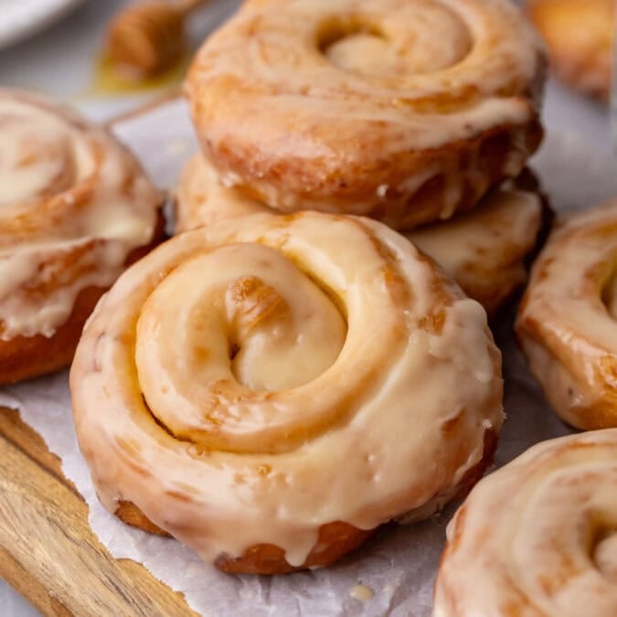 Close-up view of homemade honey buns.