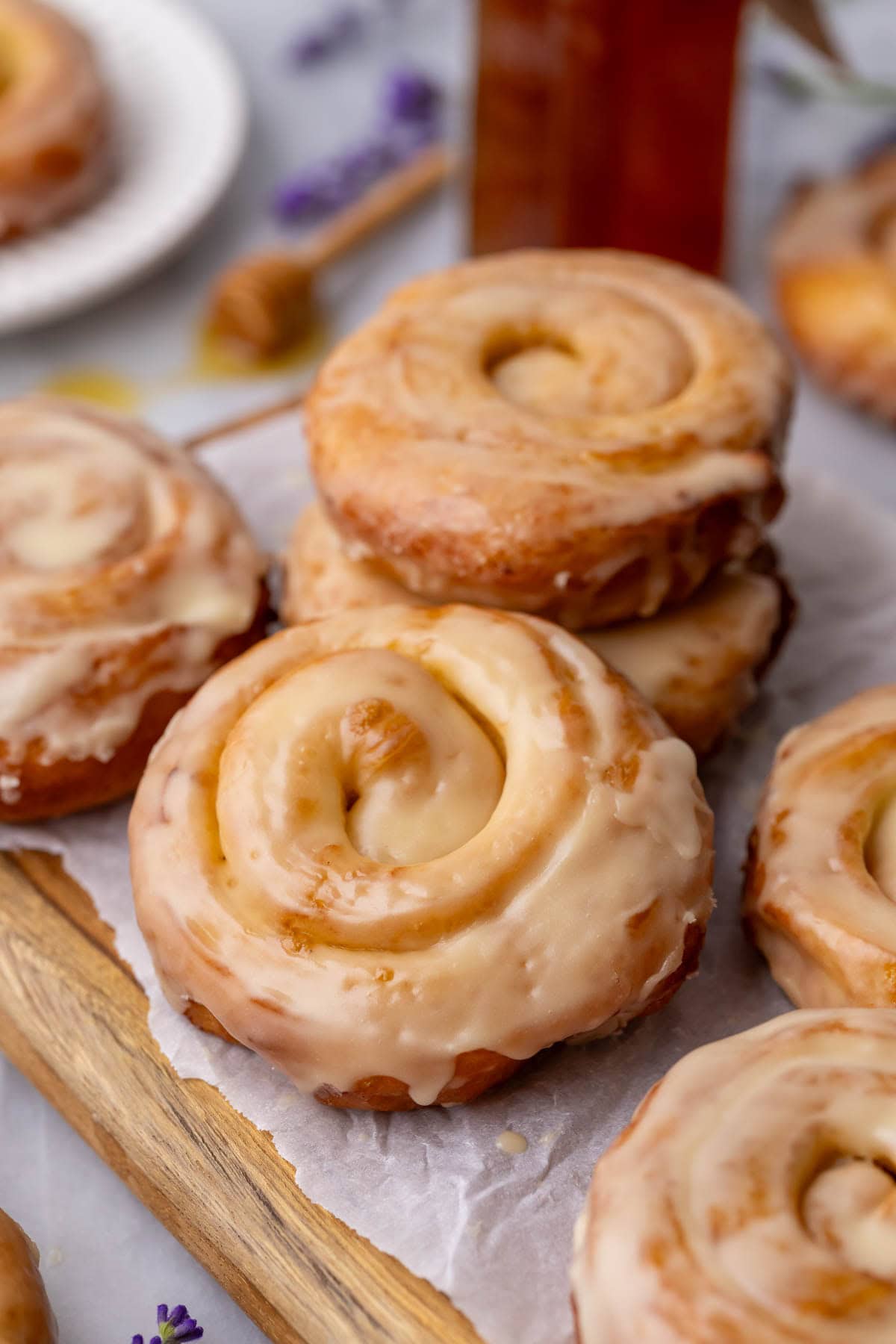 Close-up view of homemade honey buns.