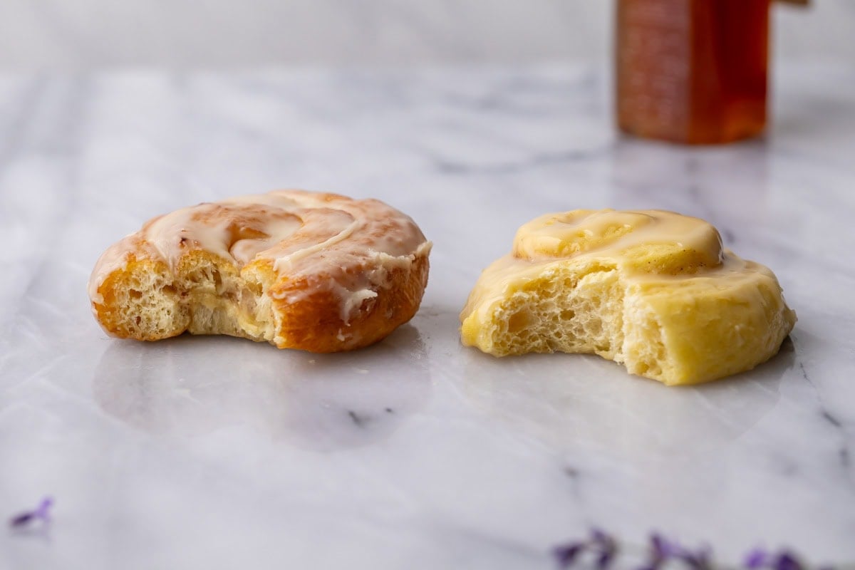 Comparison of honey buns that have been fried versus baked.
