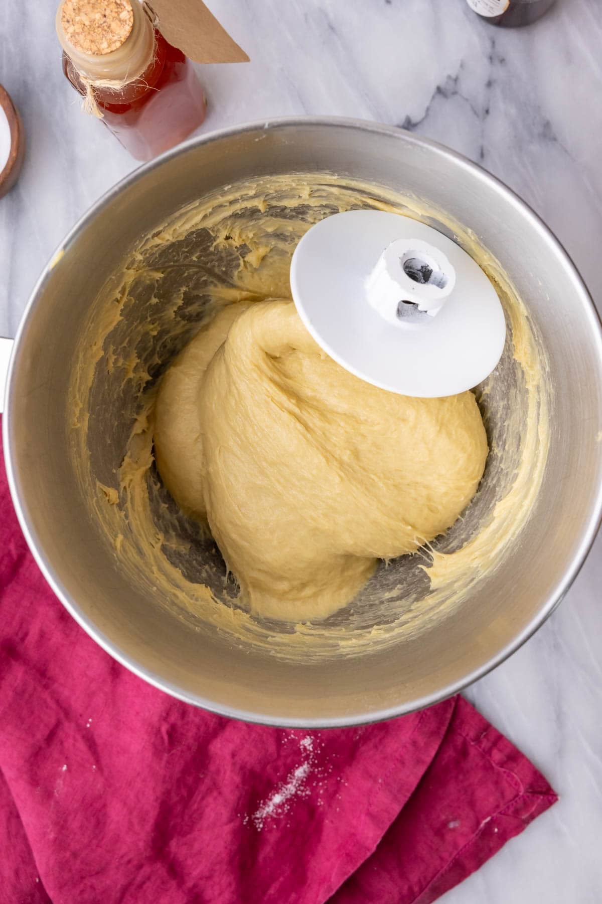 Overhead view of a yeast dough after kneading with a dough hook.