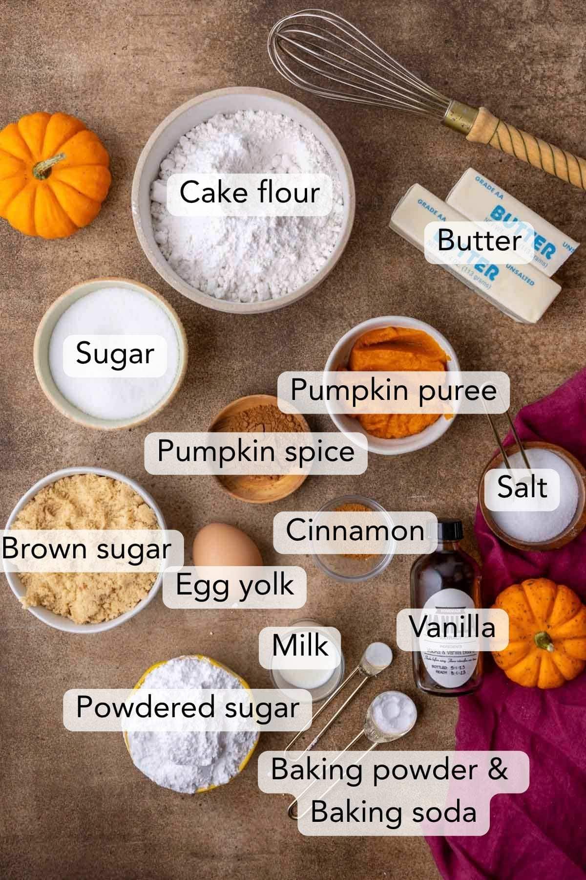 Overhead view of labeled ingredients including pumpkin puree, cake flour, brown sugar, butter, and more.