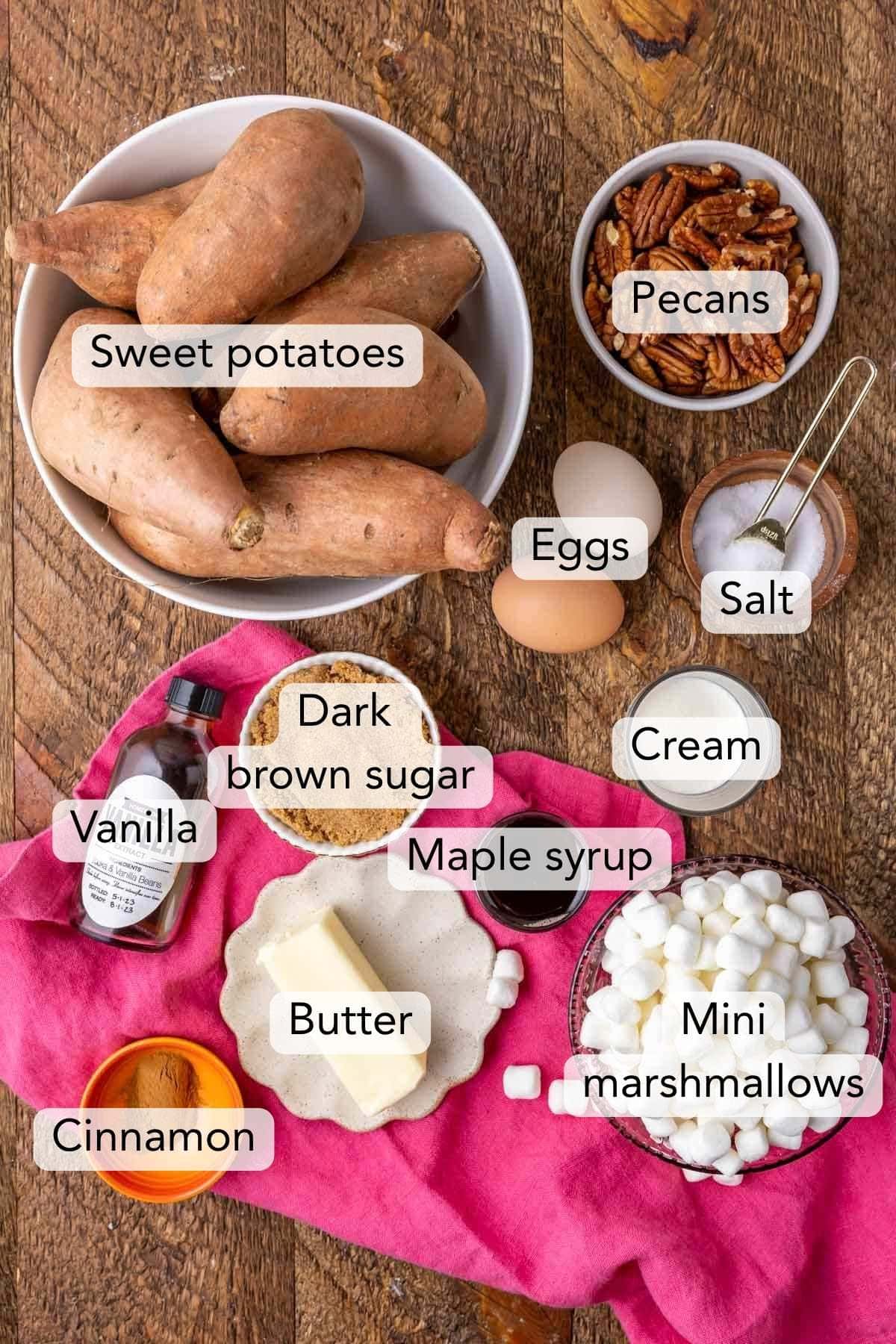 Overhead view of the ingredients needed to make sweet potato casserole.