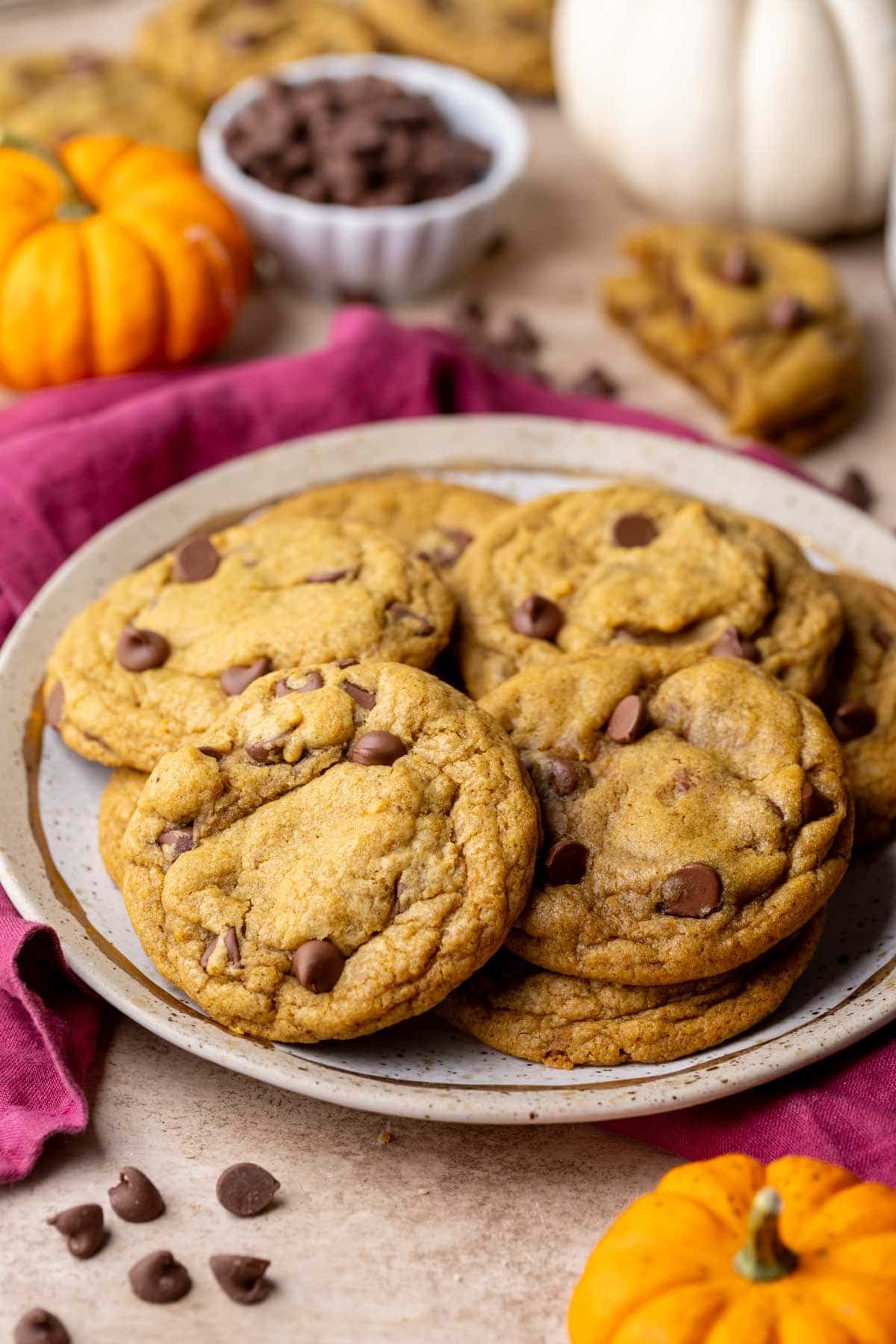 A plate full of chewy pumpkin chocolate chip cookies with pumpkins in the foreground and background. 