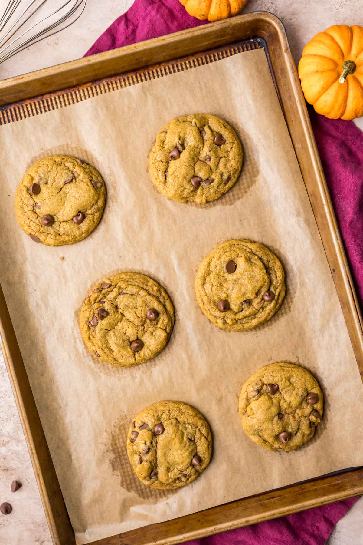 Overhead of 6 baked pumpkin chocolate chip cookies on a parchment lined baking sheet.