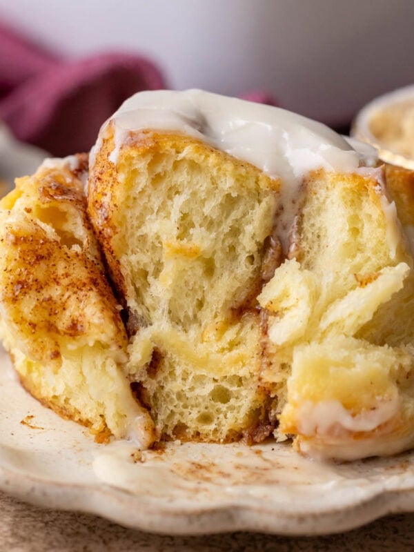 Close up view of a cinnamon roll made with tangzhong from the best cinnamon roll recipe.