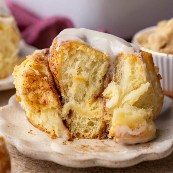 Close up view of a cinnamon roll made with tangzhong from the best cinnamon roll recipe.