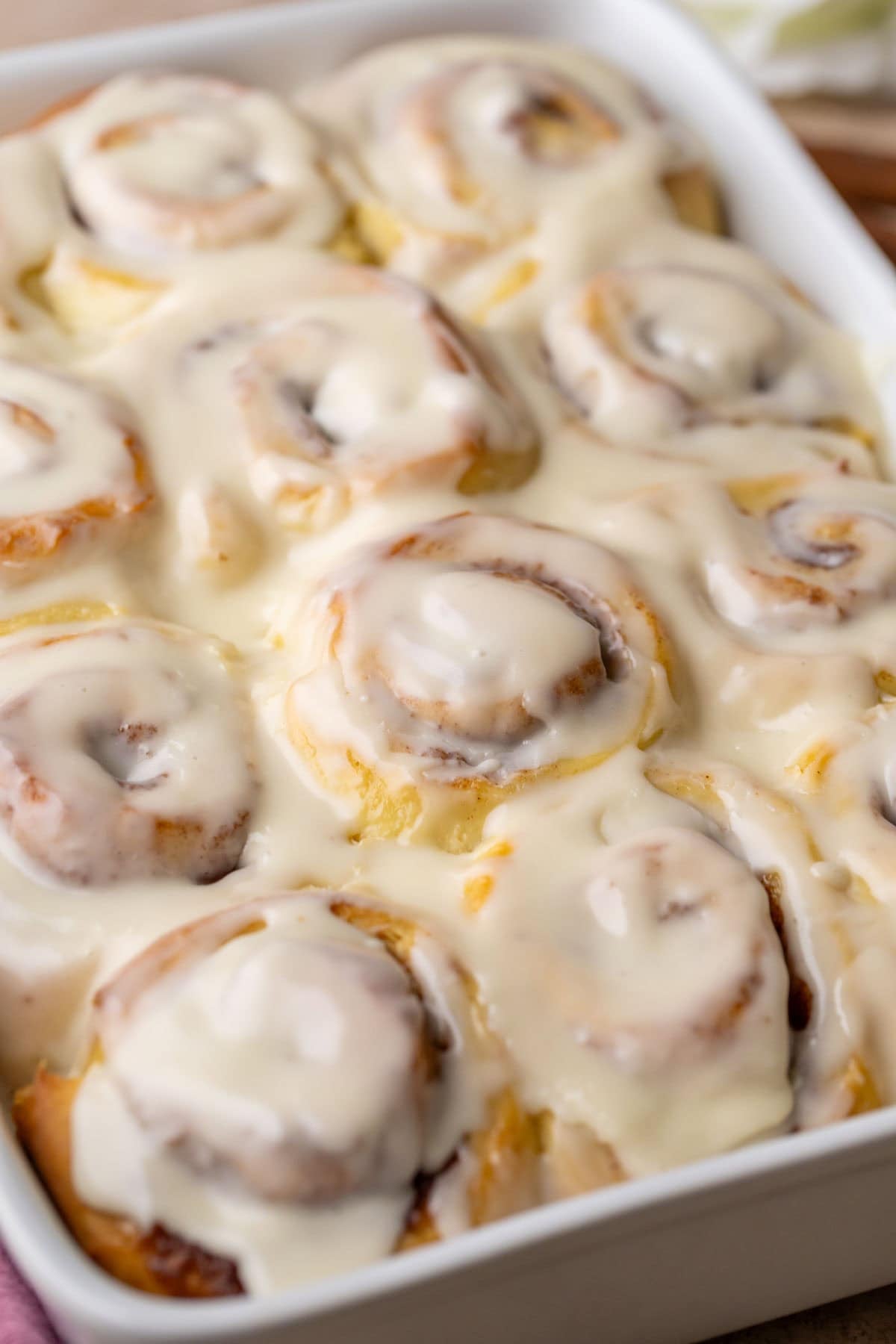 Close-up view of cinnamon rolls made with the best cinnamon roll recipe.