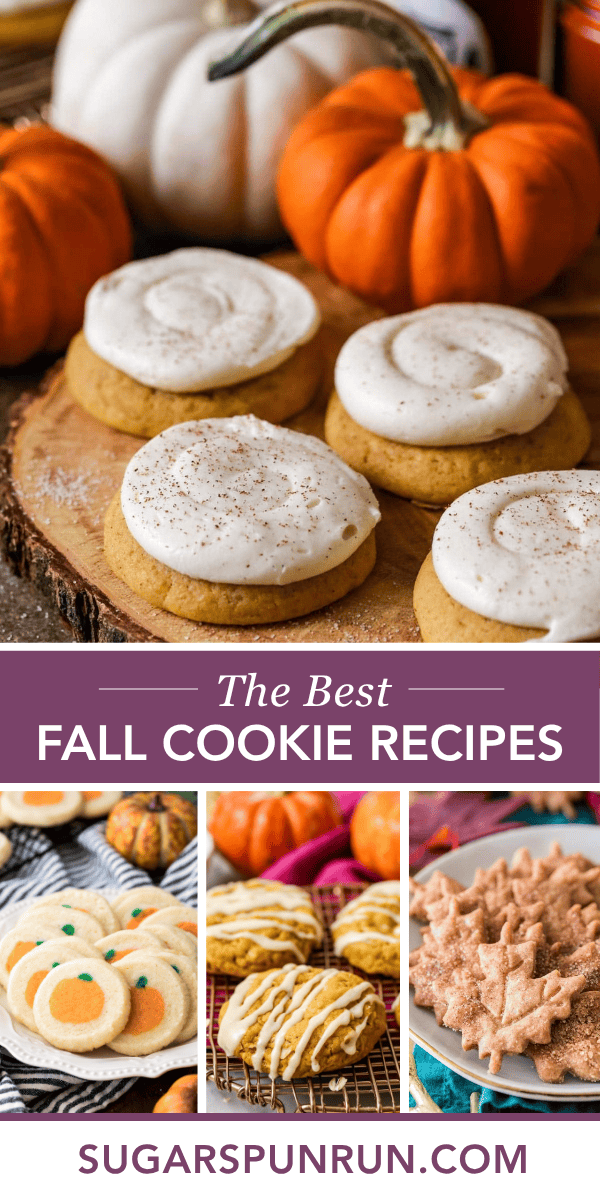 Pinterest collage of fall cookie recipes including soft frosted pumpkin cookies, pumpkin sugar cookies, pumpkin oatmeal cookies, and maple leaf cookies.