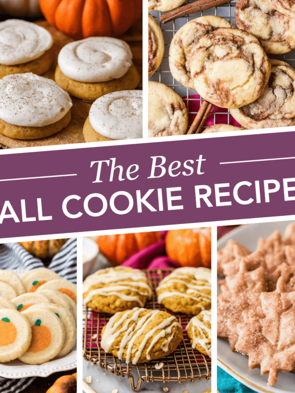 Square collage of fall cookie recipes including soft frosted pumpkin cookies, cinnamon cookies, pumpkin sugar cookies, pumpkin oatmeal cookies, and maple leaf cookies.