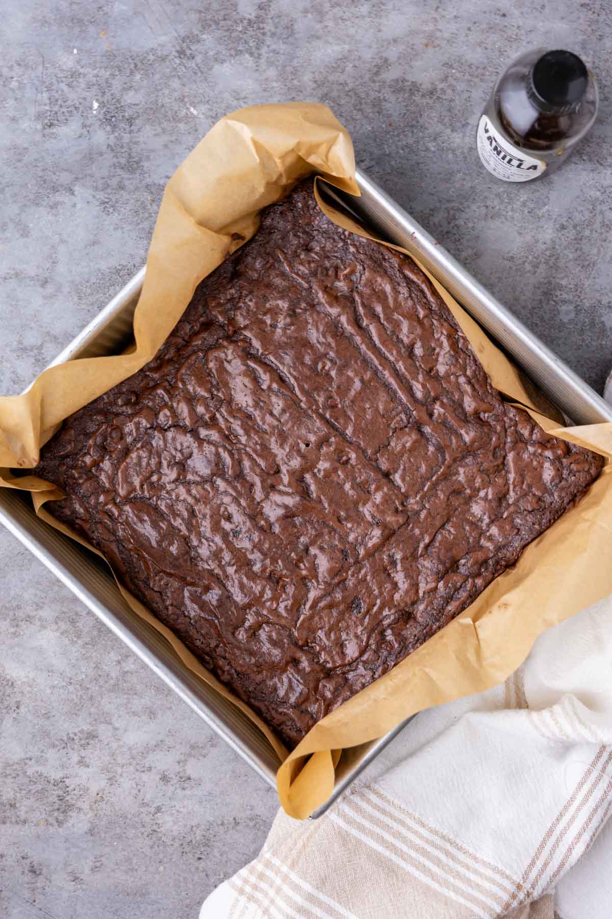 Overhead view of a pan of baked brownies.
