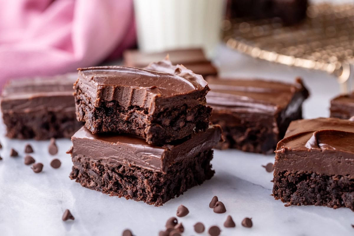 Brownies topped with a thick fudge frosting.