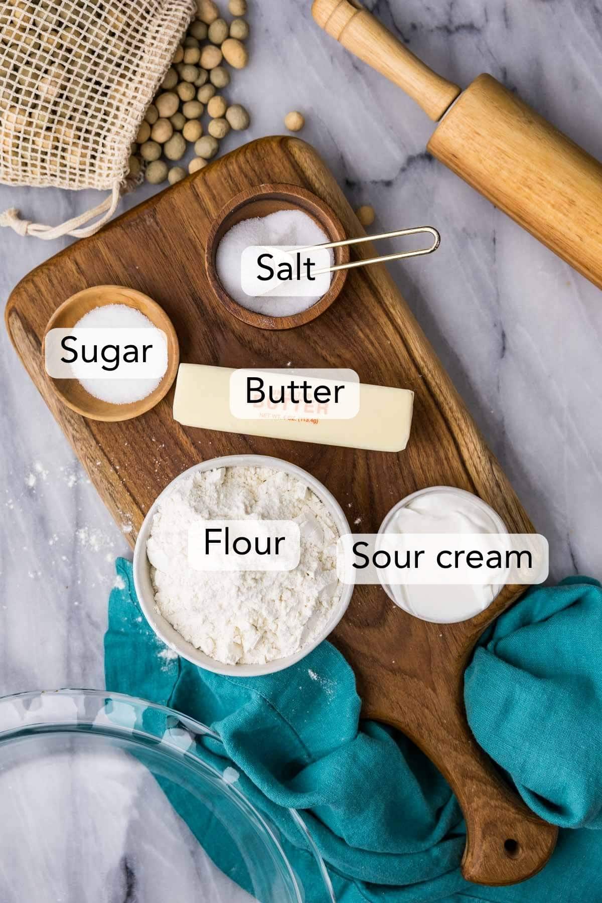 Overhead view of the 5 ingredients needed for my easy pie crust recipe.